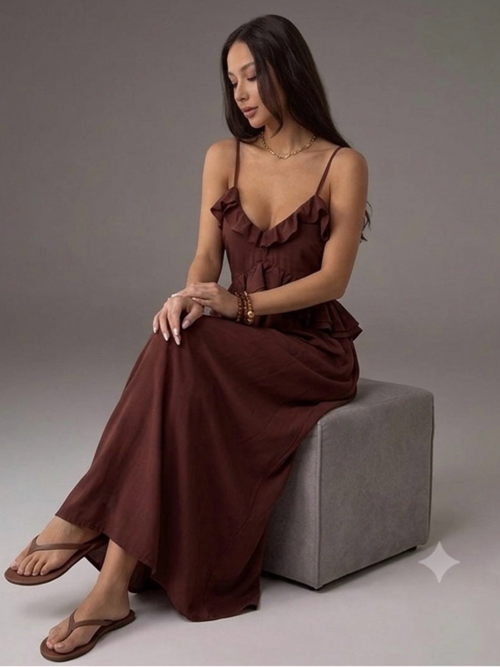 Ruffled Spaghetti-Strap Maxi Dress in Cocoa Brown